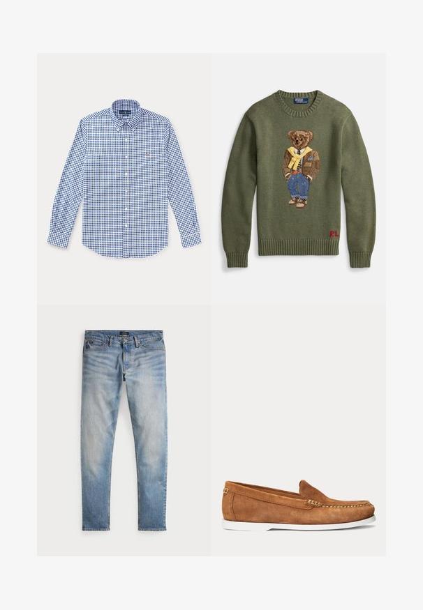 Groen gebreide trui met een geborduurde beer in een bruine jas, gele sjaal, gestreept shirt en blauwe spijkerbroek. Rode "RL"-logo bij de zoom.; Blauw-wit geruit overhemd met lange mouwen, een kraag en een klein geborduurd logo op de linkerborst.; Lichtblauwe denim jeans met een vervaagde afwerking, vijfzakkenontwerp en contrasterende stiksels. Heeft een ritssluiting en riemlussen. Rechte snit.; Bruine suède loafer met witte zool en beige stiksels langs de teen en bovenrand, zijaanzicht op een effen achtergrond.