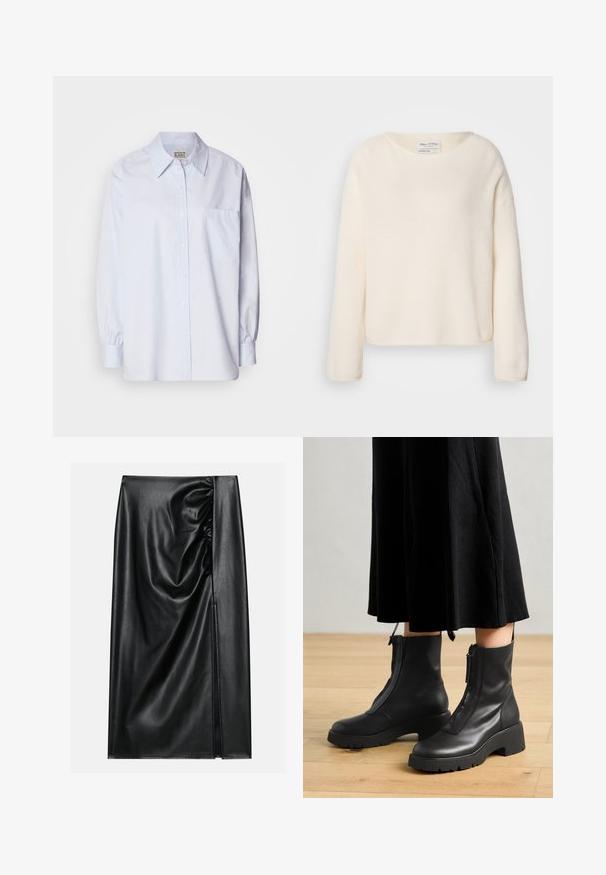 Kremfarvet sweater med rund halsudskæring, sænkede skuldre og lange ærmer. Blødt, tekstureret stof med en let cropped pasform.; Lyseblå skjorte med knapper lavet af bomuld. Har en spids krave, lange ærmer og en enkelt brystlomme. Glat tekstur.; Sort læderskirt med en glat overflade, der har en indsamlet sektion på den ene side og en skråning på siden for ekstra detaljer.; Sorte læder ankelstøvler med en kraftig platformsål og en frontlynlås. Glat tekstur med et minimalistisk design.