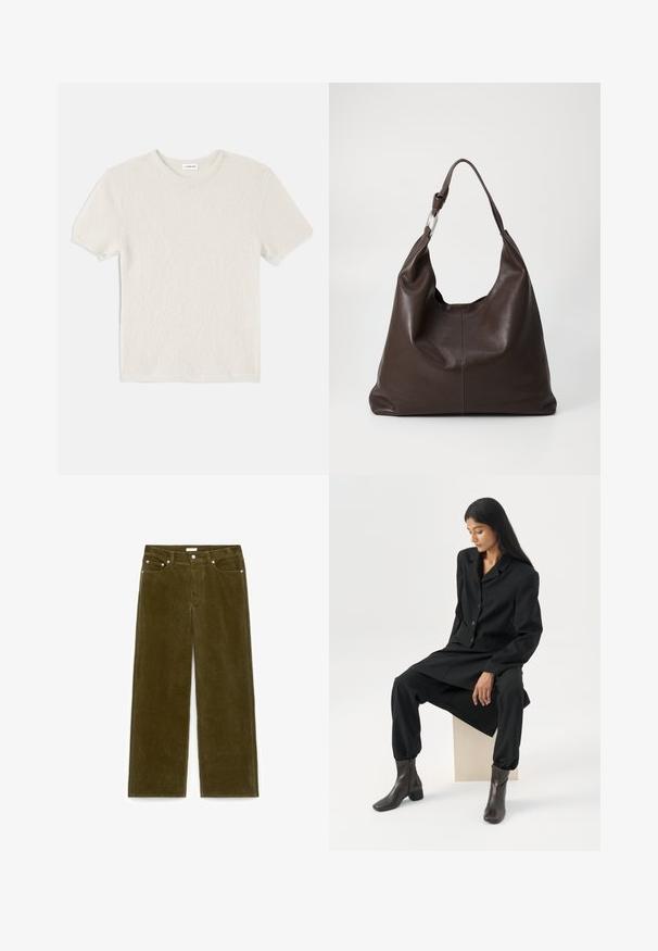 T-shirt à manches courtes et col rond de couleur crème, confectionné en tissu texturé. Présente un col et des manches côtelés, avec une coupe décontractée.; Pantalon en velours côtelé vert olive avec jambes droites, poches avant, passants pour ceinture et fermeture par bouton sur fond blanc.; Femme aux longs cheveux foncés assise, portant un blazer noir ample, un pantalon large assorti et des bottines foncées, sur un fond blanc uni.; Zign LEATHER - Cabas - chocolate brown