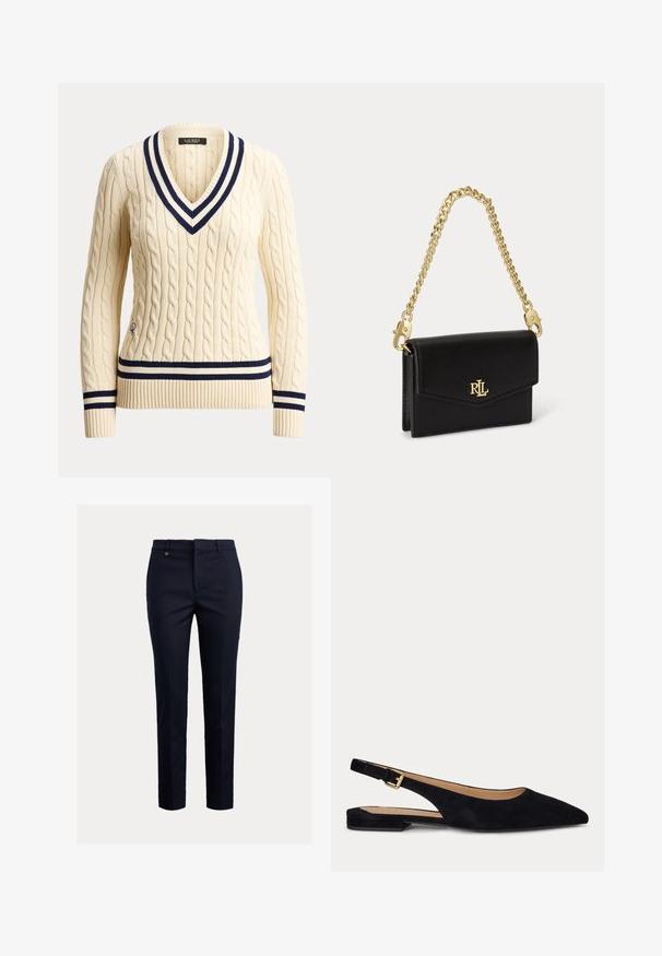 Flødefarvet kabelstrikket sweater med dyb V-hals og navyblåt stribet kant på krave, manchetter og kant, med en lille broderet logo nær kanten.; Marineblå chinos lavet af bomuldsblanding med et tilspidset fit, flad front, sidelommer og en enkelt baglomme; har et lille guldlogo.; Sort ruskind flad sko med spids tå, slingback, lav hæl og justerbar guldlukke rem.; Lille sort læderhåndtaske med klaplukning, gyldent RL-logo foran og kort aftagelig guld kæde.
