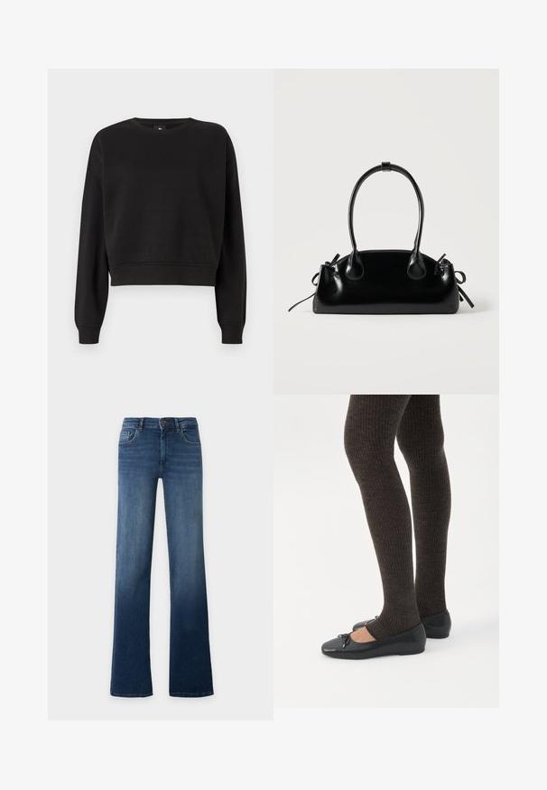Sort cropped sweatshirt med lange ærmer, rund halsudskæring og ribbede manchetter. Lavet af blødt stof med en glat tekstur. Ingen mønstre eller hardware.; Blå højtaljede, lige ben jeans med knap- og lynlåslukning, for- og baglommer, vist på en ensfarvet lys baggrund.; Ben iført mørke ribbede leggings kombineret med sorte balletsko med små sløjfedetaljer på hvid baggrund.; Lille sort blank håndtaske med to lange håndtag og snøre-detaljer i siden på en ensfarvet lys baggrund.