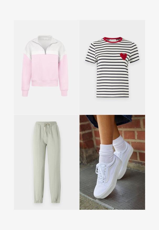Sudadera de manga larga con cuello de media cremallera, parte superior blanca de textura suave, franja blanca y parte inferior y mangas en rosa pastel.; Camiseta de rayas con rayas horizontales en azul marino y blanco, un cuello rojo y un aplique texturizado en forma de corazón rojo en el lado izquierdo del pecho.; Pantalones de chándal verde claro con un cinturón elástico, cordón ajustable y puños ajustados. Presenta detalles de costura vertical a lo largo del frente.; Zapatillas de lona blancas con suelas de goma, que presentan seis ojales, puntera redonda y detalles de costura ligera, combinadas con calcetines blancos hasta el tobillo.