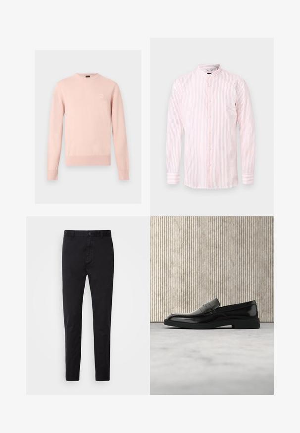 Lyserød langærmet crewneck sweater med ribkant ved ærmer og bund, med lille, diskret logo på venstre bryst.; Langærmet skjorte med knapper, med lyserøde og hvide lodrette striber og en mandarin-krave, vist på en ensfarvet baggrund.; Sort chinos med en glat overflade, knaplukning og tætsiddende design. Ideel til afslappet eller semi-formelt tøj.; Sort poleret læderloafer flydende over beige tæppe med orange gennemsigtigt møbel i baggrunden.