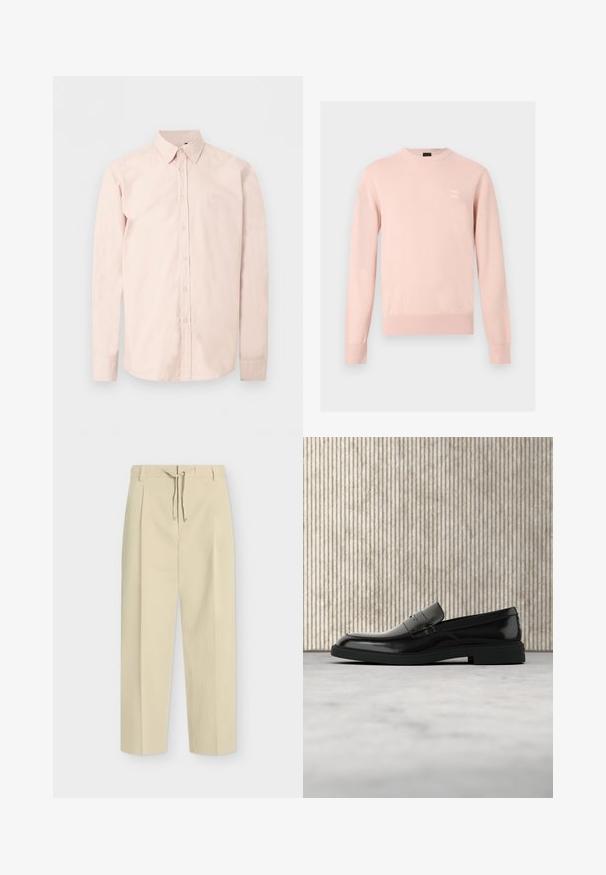 Pull rose clair à manches longues avec col rond, poignets et ourlet côtelés, avec un petit patch logo discret sur la poitrine gauche.; Chemise rose clair à manches longues avec boutons, col pointu, logo discret sur la poitrine et poignets boutonnés sur un fond blanc uni.; Pantalon beige droit avec passants pour ceinture et nouage à l'avant, présentant un design épuré et ajusté ainsi qu'un tissu texturé.; Mocassin en cuir noir poli flottant au-dessus d'un tapis beige avec un mobilier translucide orange en arrière-plan.