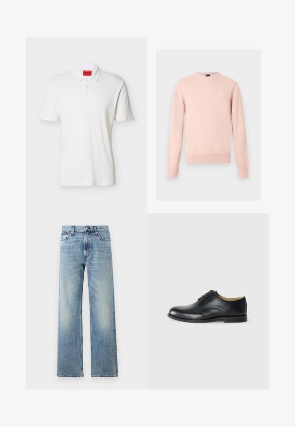 Pull rose clair à manches longues avec col rond, poignets et ourlet côtelés, avec un petit patch logo discret sur la poitrine gauche.; Polo blanc à manches courtes avec trois boutons et une étiquette de marque HUGO rouge à l'intérieur du col.; Jean droit en denim bleu clair avec taille haute, cinq poches, fermeture à boutons et léger délavage sur les cuisses et les genoux.; Calvin Klein ESS DERBY - Derbies - triple black