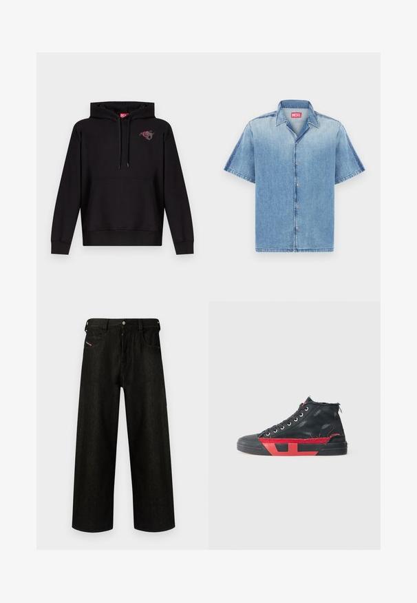Sweat à capuche noir avec poche avant, capuche à cordon de serrage, et petit motif d'une rose rose avec une lettre "D" grise sur le côté gauche de la poitrine.; Chemise en jean à manches courtes bleu clair avec bords effilochés, boutons sur le devant et col pointu. Présente une étiquette de marque rouge au niveau du cou.; Jean noir à jambes larges en denim, présentant une fermeture éclair, cinq poches et un branding discret sur la poche avant. Tissu durable et texturé.; Baskets montantes noires avec des accents rouges et une finition usée. Caractérisées par une tige en toile texturée et une semelle en caoutchouc avec un design découpé.