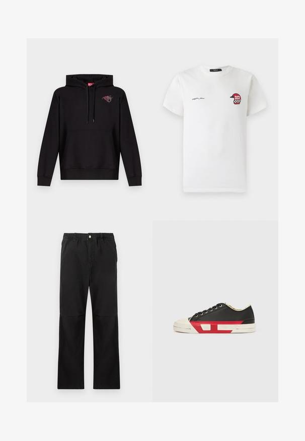 Sudadera negra con capucha, bolsillo frontal, cordón ajustable en la capucha y un pequeño gráfico de una rosa rosa con una letra "D" gris en el pecho izquierdo.; Camiseta de algodón blanca con un pequeño logo de casco de carreras rojo y negro y el texto "REPLAY" en la parte frontal. Manga corta y cuello redondo.; Pantalones negros de algodón con una cintura elástica, que cuentan con un diseño de pierna recta, textura suave y sin acentos ni patrones visibles.; Zapatilla deportiva de lona negra con detalles en rojo, puntera de goma y suela blanca. Cuenta con cordones negros y un diseño texturizado en el lateral.