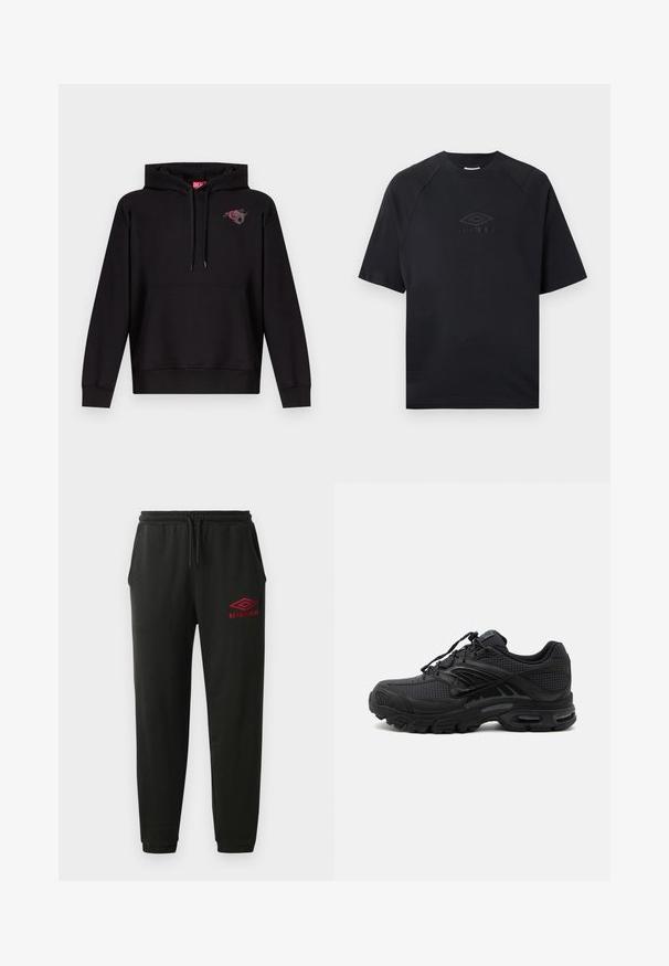 Sudadera negra con capucha, bolsillo frontal, cordón ajustable en la capucha y un pequeño gráfico de una rosa rosa con una letra "D" gris en el pecho izquierdo.; Camiseta negra de manga corta con cuello redondo, con un sutil logo de Umbro en relieve centrado en el pecho.; Pantalones de chándal negros con cintura y puños elásticos, bolsillos laterales y logo rojo de Umbro en el muslo izquierdo.; Zapatilla deportiva negra con tejido texturizado, suela gruesa y acolchada, ventilaciones y cierre con cordones, mostrada de lado sobre un fondo claro.