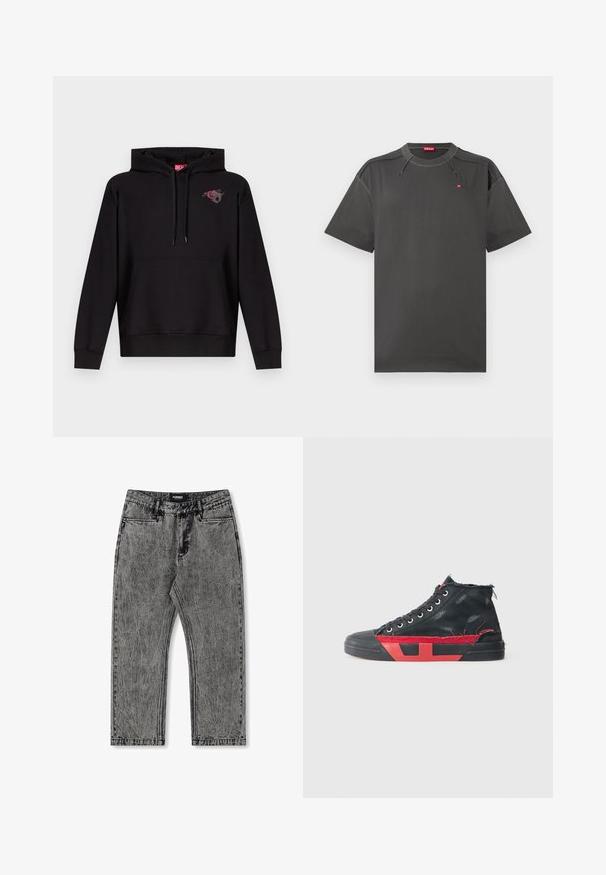 Sudadera negra con capucha, bolsillo frontal, cordón ajustable en la capucha y un pequeño gráfico de una rosa rosa con una letra "D" gris en el pecho izquierdo.; Camiseta de Diesel de manga corta en gris oscuro con costuras en contraste y pequeño logo rojo en el pecho y el interior del cuello.; Jeans de mezclilla gris con un acabado desgastado, diseño de pierna recta y estilo de cinco bolsillos. Presenta una etiqueta con "FORMER" en la cinturilla.; Zapatilla alta negra con detalles en rojo y un acabado envejecido. Presenta una parte superior de lona texturizada y una suela de goma con un diseño recortado.