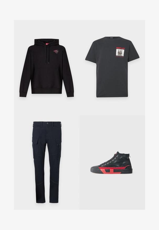 Schwarzer Kapuzenpullover mit Fronttasche, Kordelzugkapuze und kleinem Motiv einer rosa Rose mit einem grauen Buchstaben "D" auf der linken Brust.; Schwarzes Baumwoll-T-Shirt mit kurzen Ärmeln, mit einem quadratischen Grafikdruck in Grau und Rot auf der linken Brust, beschriftet mit "REPLAY WIDE AWAKE."; Cargo-Hosen aus dunkelblauem Stoff mit mehreren Taschen, einschließlich seitlicher Cargo-Taschen, und sichtbaren Nähten. Slim-Fit-Design.; Schwarze High-Top-Sneaker mit roten Akzenten und einem abgenutzten Finish. Verfügt über ein strukturiertes Canvas-Obermaterial und eine Gummisohle mit Ausschnitt-Design.