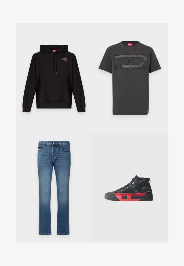 Sweat à capuche noir avec poche avant, capuche à cordon de serrage, et petit motif d'une rose rose avec une lettre "D" grise sur le côté gauche de la poitrine.; T-shirt en coton gris avec un texte noir audacieux indiquant "PROPERTY OF D.I.E.S.E.L.", à la texture lisse et manches courtes.; Jean en denim bleu avec une coupe droite, un design à cinq poches et une finition délavée. Dispose d'une ceinture à passants et d'une fermeture à bouton métallique.; Baskets montantes noires avec des accents rouges et une finition usée. Caractérisées par une tige en toile texturée et une semelle en caoutchouc avec un design découpé.