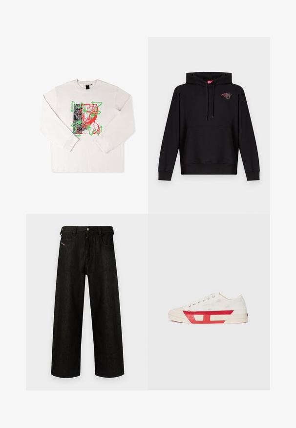 Sweat à capuche noir avec poche avant, capuche à cordon de serrage, et petit motif d'une rose rose avec une lettre "D" grise sur le côté gauche de la poitrine.; T-shirt à manches longues blanc avec un imprimé graphique aux accents rouges et verts, un design abstrait et un fond noir motif.; Jean noir à jambes larges en denim, présentant une fermeture éclair, cinq poches et un branding discret sur la poche avant. Tissu durable et texturé.; Baskets en toile avec un dessus blanc, des accents en caoutchouc rouge et un design texturé. Elles présentent une tête arrondie et cinq œillets pour les lacets.