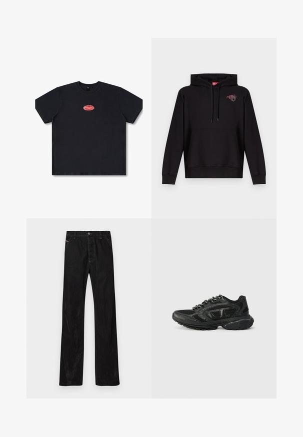 Zwarte hoodie met voorzak, trekkoord aan de capuchon en een klein plaatje van een roze roos met een grijze letter "D" op de linkerborst.; Zwarte katoenen t-shirt met een relaxte pasvorm, korte mouwen en een rood ovale geprinte logo op de borst. Soepele textuur, rechte zoom.; Zwarte corduroy broek met een rechte pijp, voorzien van een knoopssluiting, subtiele branding en twee voorzakken. Soepele textuur en effen kleur.; Zwarte sportieve sneakers met een bovenwerk van mesh, textuuraccenten en een gepolsterde kraag. Vetersluiting met een dikke rubberen zool voor ondersteuning.