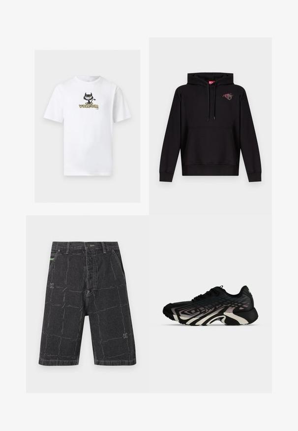 Sweat à capuche noir avec poche avant, capuche à cordon de serrage, et petit motif d'une rose rose avec une lettre "D" grise sur le côté gauche de la poitrine.; T-shirt blanc à manches courtes avec un graphisme centré représentant un diable dessin-animé noir sur un skateboard au-dessus du texte "volcom" en beige et noir.; Short en jean noir avec motif à carreaux délavé, poches avant, fermeture par boutons et passants de ceinture.; Basket de sport noire et grise avec des motifs géométriques superposés et une semelle épaisse et sculptée, vue de côté sur fond blanc.