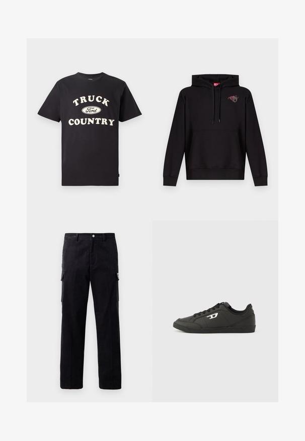 Sudadera negra con capucha, bolsillo frontal, cordón ajustable en la capucha y un pequeño gráfico de una rosa rosa con una letra "D" gris en el pecho izquierdo.; Camiseta de algodón negro de mangas cortas con el texto "TRUCK COUNTRY" en color crema y un diseño del logo de Ford en el centro.; Pantalones de cargo de pana negra con un diseño de pierna recta, bolsillos laterales y una etiqueta de marca visible en el bolsillo derecho. Tejido texturizado.; Zapatillas deportivas negras sintéticas con suela negra texturizada, puntera redonda y cordones planos negros. Destaca un logo blanco en el lateral exterior.