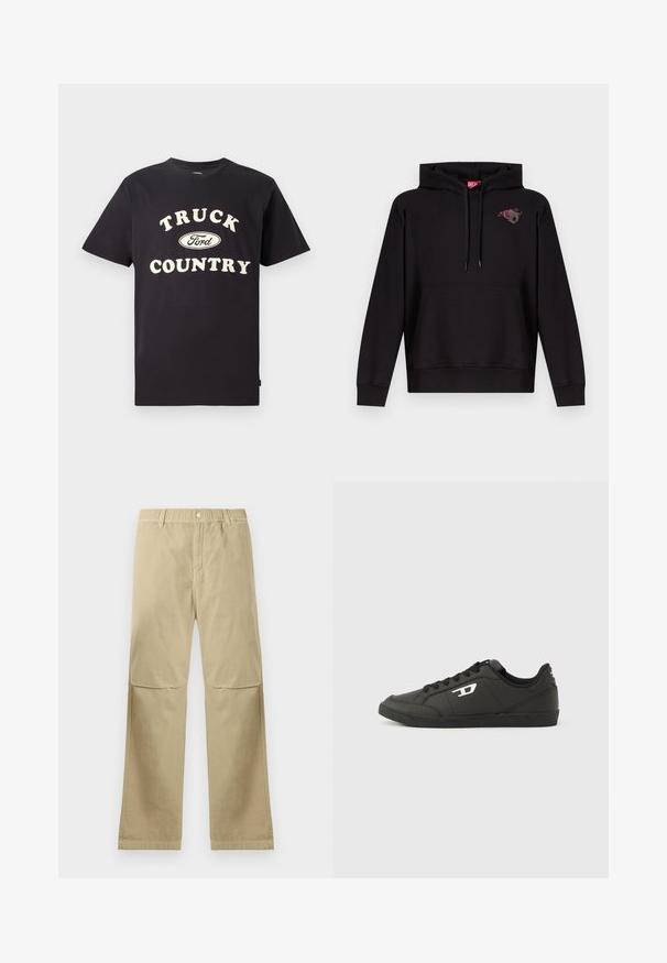 Sort hættetrøje med forlomme, snøre i hætten og lille grafik af en pink rose med et gråt bogstav "D" på venstre bryst.; Sort bomulds t-shirt med korte ærmer, der har teksten "TRUCK COUNTRY" i cremefarvet og et Ford-logo designet centralt foran.; Beige lige bukser med trykknaplukning, bæltestropper og syninger ved knæene, liggende fladt på en hvid baggrund.; Sorte syntetiske sneakers med en struktureret sort sål, rund tå og flade sorte snørebånd. Fremtrædende hvidt logo på ydersiden.