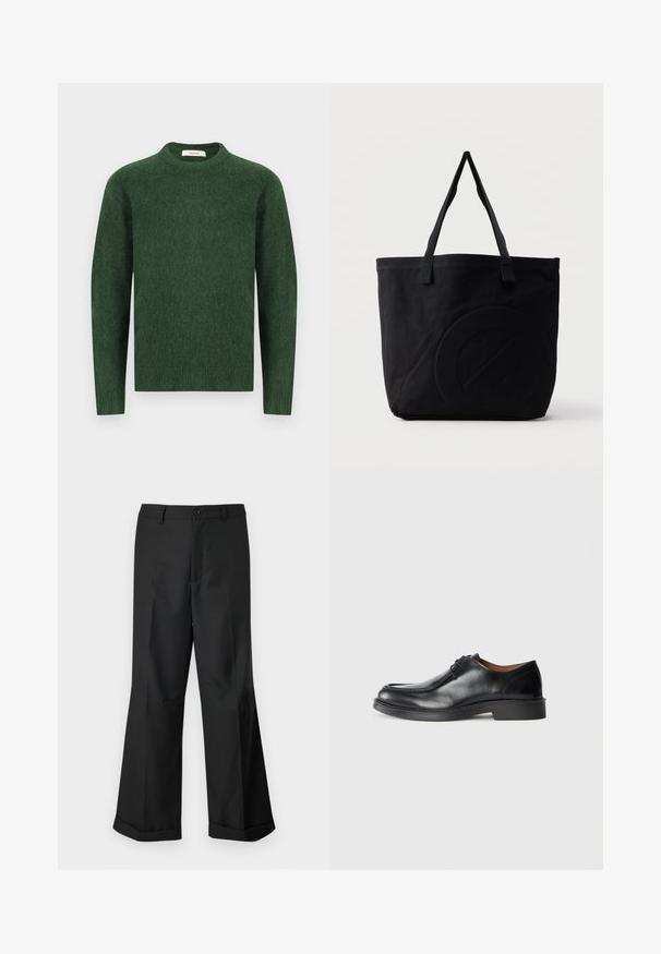 Suéter verde de punto con escote redondo, mangas largas y una tela texturizada. Diseño simple, sin patrones ni acentos visibles.; Pantalones anchos negros con cintura abotonada y dobladillos con puños, exhibidos sobre un fondo blanco liso.; Zapato de vestir de cuero negro con punta redonda, superficie lisa, detalles de cordones y suela de goma texturizada baja. Líneas limpias y diseño minimalista.; Bolsa tote de lona negra con dos correas para el hombro y un diseño circular en relieve sutil en el frente.