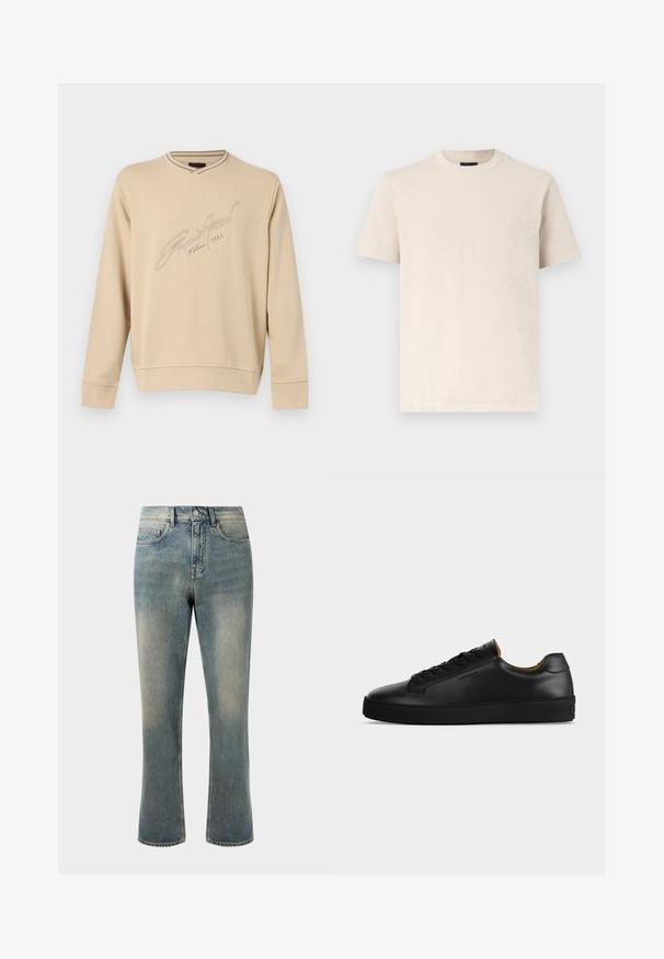 Beige langærmet sweatshirt med ribbet rund hals og manchetter, med broderet kursiv tekst "Emporio Armani Milano 1981" på forsiden.; Beige T-shirt med korte ærmer og rund hals med en subtil, tekstureret logo på venstre bryst, vist på en ensartet hvid baggrund.; Lys blå denim jeans med lige ben, mellemhøj talje og subtilt slid. Har klassisk lomme-design og kontrasterende stikninger.; Sort lavtopet læder-sneaker med sorte snørebånd, tekstureret gummisål og lille præget logo på siden, vist i profil mod grå baggrund.