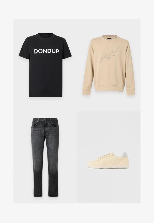 Sweat-shirt beige à manches longues avec col rond et poignets côtelés, arborant un texte brodé en écriture cursive "Emporio Armani Milano 1981" sur le devant.; T-shirt noir à manches courtes avec col rond, arborant en lettres majuscules blanches "DONDUP" centrées sur le devant, sur un fond uni.; Jean en denim noir à coupe droite, design à cinq poches et décoloration subtile. Équipé d'une fermeture à bouton et de passants de ceinture. Texture lisse.; Baskets basses beige à lacets, semelle rose clair et languette grise à l'arrière marquée "Filling Pieces", vues de profil sur fond uni.