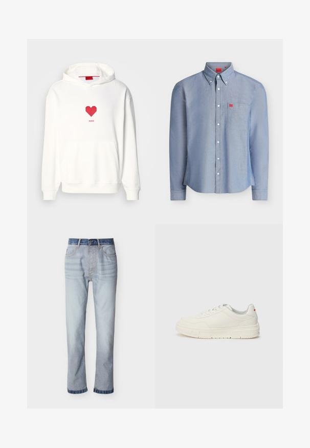 Sudadera blanca con capucha, con gráfico de corazón rojo y texto "HUGO". Cuenta con bolsillo frontal, puños acanalados y textura suave. Diseño simple.; Camisa azul claro de manga larga con botones, bolsillo en el pecho, botones blancos, cuello abotonado y pequeñas etiquetas rojas con el logo de Hugo en el bolsillo y en el interior del cuello.; Jeans de mezclilla azul claro con cintura azul oscuro, diseño de pierna recta, cinco bolsillos y detalles de costuras visibles.; Zapatillas blancas con un upper de cuero liso, puntera redonda, cordones planos y una suela de goma texturizada. Un detalle rojo se encuentra en el talón.