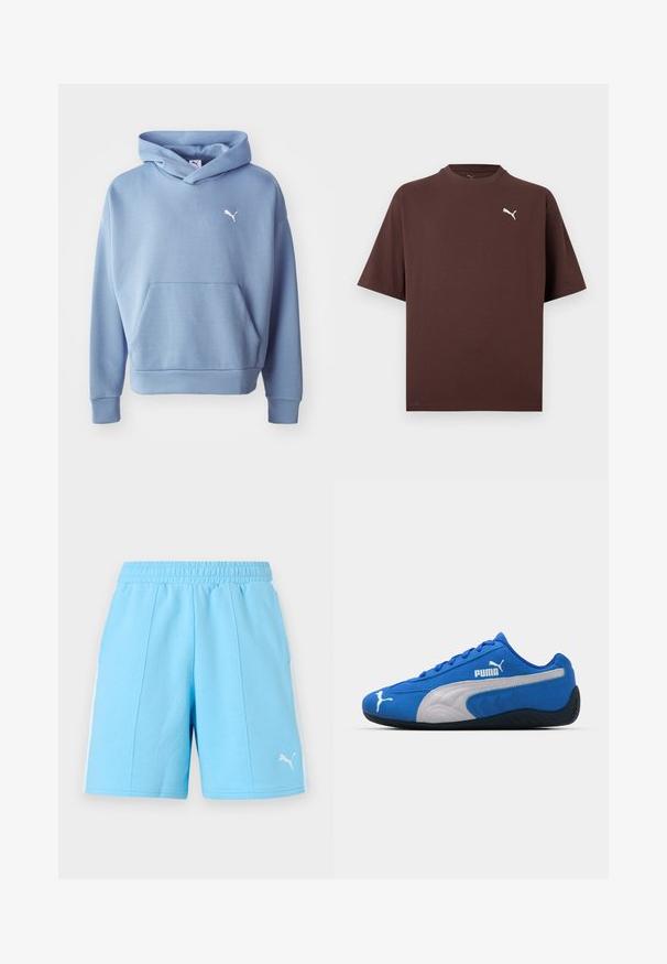 Blauwe hooded sweater gemaakt van zachte stof. Voorzien van een voorzak, geribbelde manchetten en een klein wit logo op de borst.; Bruine T-shirt met korte mouwen en ronde hals, met een klein wit Puma-logo op de linkerborst, tegen een witte achtergrond.; Lichtblauwe atletiekshorts met elastische tailleband, witte zijstrepen en Puma-logo aan de voorkant van het rechteronderbeen.; Blauwe sportieve schoenen met een bovenkant van suède, voorzien van een witte zijkant en een zwarte rubberen zool. Inclusief een verhoogd PUMA-logo aan de zijkant.