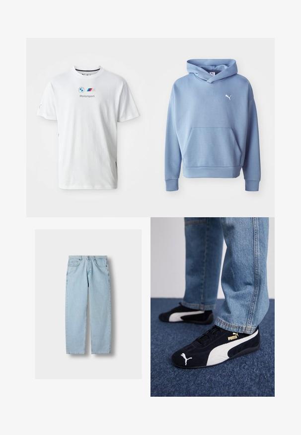Blauer Kapuzenpullover aus weichem Stoff. Verfügt über eine Fronttasche, gerippte Bündchen und ein kleines weißes Logo auf der Brust.; Weißes Baumwoll-T-Shirt mit dem BMW-Logo, grauem "Motorsport"-Text und farbigen Akzenten an den Seiten. Kurze Ärmel und Rundhalsausschnitt.; Hellblaue gerade geschnittene Denim-Jeans mit Vordertaschen, Gürtelschlaufen und Knopfverschluss auf grauem Hintergrund.; Schwarze Wildledersneaker mit weißen Akzenten und einem goldenen Logo. Getragen mit hellblauen Jeans und auf einer strukturierten blauen Oberfläche platziert.