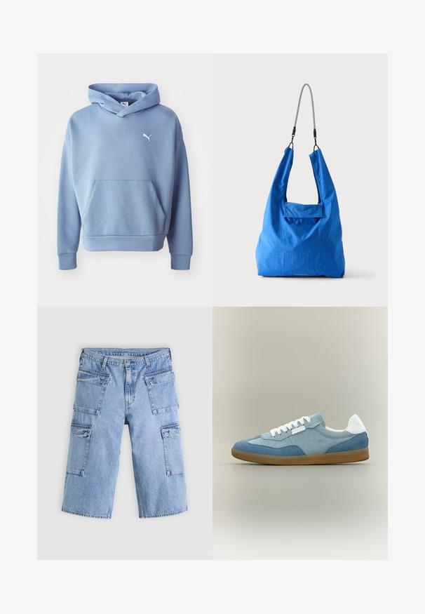 Sweat à capuche bleu en tissu doux. Comprend une poche avant, des poignets en côtes et un petit logo blanc sur la poitrine.; Shorts cargo en denim bleu clair avec quatre poches à rabat et fermetures à bouton, présentés à plat sur un fond clair.; Baskets basses décontractées avec des panneaux en tissu bleu clair et bleu foncé, lacets blancs, languette de talon blanche et semelle en caoutchouc marron sur fond neutre.; Sac fourre-tout en tissu doux bleu vif avec une bandoulière en corde noire et blanche sur un fond clair uni.