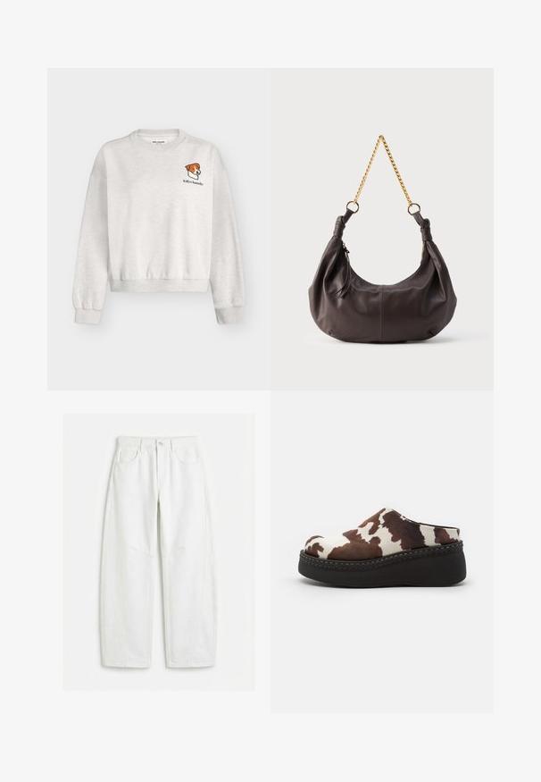 Lysegrå crewneck sweatshirt med ribstrikkede manchetter og kant, med et lille brunt og hvidt hundehoved og teksten "lollys laundry" på venstre bryst.; Hvide straights i jeans med frontlommer, bæltestropper, knaplukning og synlige sømdetaljer.; Brune og hvide ko-print platform-træsko med en blød overdel, rund tå og en holdbar sort gummisål. Sømløs detaljering ved bunden.; Blød, mørkebrun skuldertaske i læder med knyttede ender og en kort guldkæde som rem, mod en enkel lys baggrund.