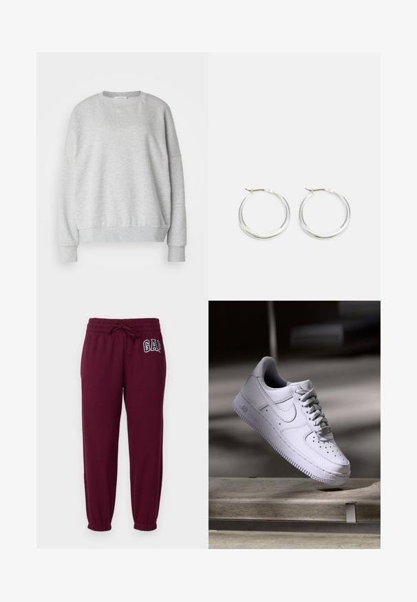 Sweatshirt gris clair en tissu doux, avec un col rond, des épaules tombantes et des poignets et un ourlet côtelés pour une coupe décontractée.; GAP Petite HERITAGE - Pantalon de survêtement - ruby wine; Baskets Nike Air Force 1 blanches lévitant au-dessus d'une surface en béton avec des ombres dans un cadre minimaliste.; Les boucles d'oreilles en argent en forme de créole présentent un design lisse et arrondi avec un profil fin et un fermoir sécurisé. Style minimaliste avec une finition polie.