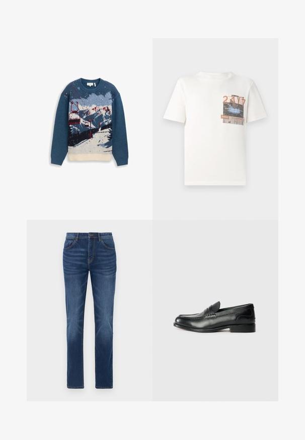 Sweater med et strikket bjergmotiv med skislænder. Primært blå med hvide, røde og grå detaljer. Rund hals og lange ærmer.; TOM TAILOR DENIM T-shirts print - gardenia white; Mørkeblå denimjeans med en klassisk lige pasform, fem-lomme design og let falmede detaljer på benene. Har knap- og lynlåslukning.; Sorte læder loafers med en glat overflade, syede detaljer over vamps og en let hævet hæl.