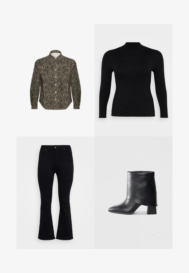 Haut à col roulé noir à manches longues, fabriqué en tissu doux et lisse. Coupe ajustée avec un col haut et un ourlet droit, présentant des coutures minimales et aucun motif.; Chemise à boutons dans un motif zèbre beige et noir, avec un col structuré, des manches longues et des boutons avant bien en évidence.; ONLY Carmakoma Flared fit CARWILLY High waist - Jean flare - black denim; Bottine en cuir noir à bout pointu, texture lisse et talon bloc structuré. Elle se distingue par un design de revers haut et plié.