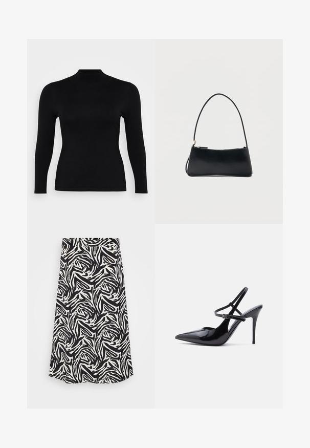 Schwarzes Langarm-Turtleneck-Oberteil aus weichem, glattem Stoff. Schmaler Schnitt mit hohem Kragen und geradem Saum, verfügt über minimale Nähte und keine Muster.; Schwarzer und weißer Rock mit einem wirbelnden Zebra-Muster, mit geradem Schnitt und Saum. Hergestellt aus einem glatten, leichten Stoff.; Schwarzer spitzer High-Heel-Schuh aus Lackleder mit zwei schmalen verstellbaren Knöchelriemen und Stilettoabsatz, Seitenansicht.; Schwarze rechteckige Handtasche mit dünnem Riemen und Reißverschluss, vor einem schlichten weißen Hintergrund.