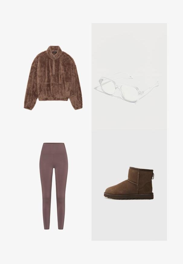 Pull en brun, duveteux, fabriqué en tissu doux, avec un col zippé à quart, des manches longues et une poche avant. Design texturé et chaud.; Leggings taille haute dans une couleur mauve douce, fabriquées à partir d'un tissu lisse et extensible. Présentent un design sans couture sans matériel visible.; UGG CLASSIC MINI II - Bottes de neige - dusted cocoa; Lunettes rectangulaires transparentes avec montures et branches claires, placées sur une surface blanche avec des ombres douces.