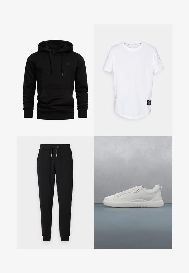 Sort pullover hoodie med frontkængurulomme, snoretrækshætte, ribbede manchetter og subtil rund logo på venstre bryst.; Hvid bomulds T-shirt med rullede korte ærmer, afrundet kant og et sort logo-tag med "CK" i nederste venstre hjørne.; Sorte sweatpants med elastisk talje, justerbar snor, sidelommer og tapered ben. Fremstillet af blødt, strækbart stof.; Hvide sneakers med en glat læderfinish, rund tå, fire snørehuller, subtile perforeringer og en rød logo detalje på siden.