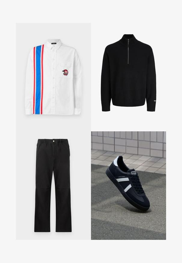Sort langærmet strikket sweater med ribbet høj krave, sølvfarvet halvlynlås, ribbede manchetter og kant samt lille hvidt logo på venstre ærme.; Hvid skjorte med knapper, der har et blåt og rødt stribedesign på den ene side og et sort broderet hjelm-patch på brystlommen.; Sorte bukser lavet af bomuld med elastisk talje, med et lige ben-design, glat tekstur og uden synlige detaljer eller mønstre.; Sort lædersneaker med hvide striber, tekstureret gummisål og snørrebånd foran. Har et brandet mærke på tungen.