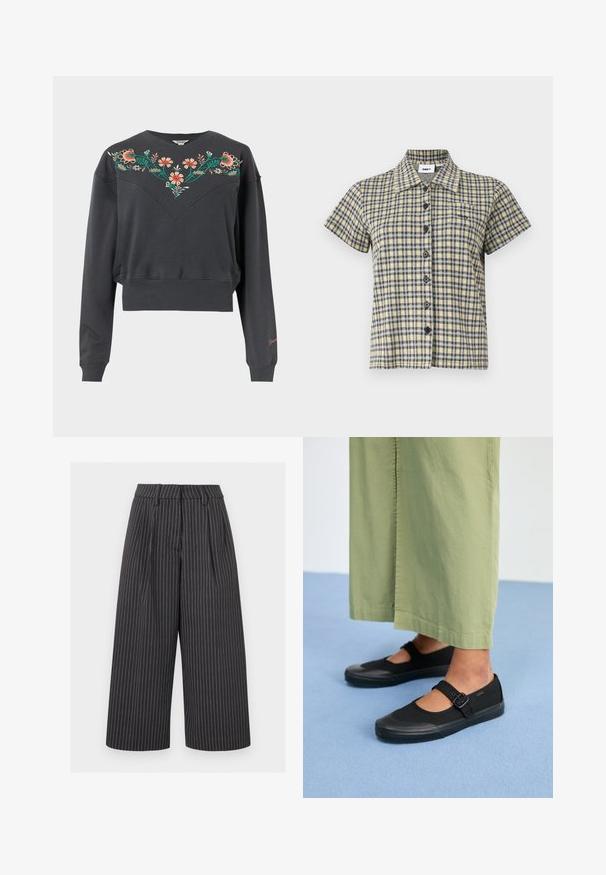 Mørkegrå langærmet cropped sweatshirt med ribstrikkede manchetter og kant, med farverig blomsterbroderi over bryst og skuldre.; Kortærmet skjorte med knapper, gult, sort og hvidt ternet mønster og krave, vist mod en ensfarvet baggrund.; Sorte bukser med vide ben, forkortede, med hvide lodrette nålestriber og bæltestropper på en lys baggrund.; Sorte kanvas sko med rund tå, gummisål og en spænde rem. Parret med løse, lysegrønne bukser.