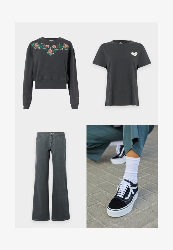 Mørkegrå langærmet cropped sweatshirt med ribstrikkede manchetter og kant, med farverig blomsterbroderi over bryst og skuldre.; Sort kortærmet T-shirt med rund hals og lille hvidt hjerteformet motiv på venstre bryst.; Grå jeans med vidde, lavet af denim med en glat tekstur. Funktioner inkluderer en knaplukning, bælteløkker og forlommer.; Sorte ruskinds sneakers med hvide accenter og snørebånd, der har en tyk hvid sål og kontrasterende syninger, parret med en hvid sok.