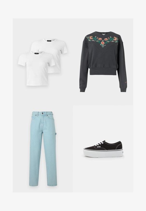 Dunkelgraues, langärmeliges, verkürztes Sweatshirt mit gerippten Bündchen und Saum, das bunte Blumenstickereien über Brust und Schultern aufweist.; Zwei schlichte weiße T-Shirts mit kurzen Ärmeln und Rundhalsausschnitt mit JJXX Markenetiketten auf einem hellgrauen Hintergrund.; Hellblaue Jeans aus Denim mit geradem Bein, Fünf-Taschen-Design und einem Bund mit Gürtelschlaufen. Leicht strukturierter Stoff.; Schwarze Leinensneaker mit einer weißen Gummiplattformsohle, weißen Schnürsenkeln und Nähten, ikonischer Markenaufdruck an der Seite, im Low-Top-Design.