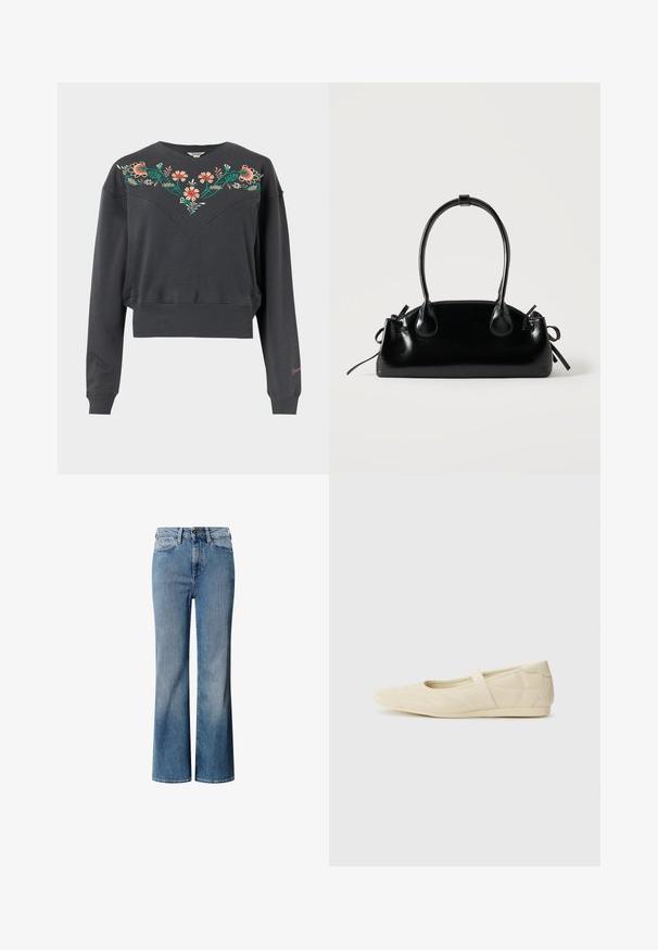 Donkergrijze lange mouw cropped sweatshirt met geribbelde manchetten en zoom, voorzien van kleurrijke bloemenborduursels over de borst en schouders.; Blauwe denim jeans met een hoge taille, wijd uitlopend ontwerp en een vervaagde wassing. Heeft een klassieke vijf-pocket stijl en een sluiting met een knoop aan de voorkant.; Beige ballerina's met een gladde leren buitenkant, amandelvormige punt en elastische band over de wreef, met subtiele stiksels.; Kleine zwarte glanzende handtas met twee lange hengsels en zijkant trekkoord details op een effen lichte achtergrond.