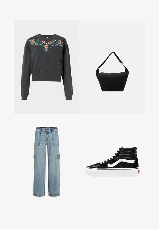 Mørkegrå langærmet cropped sweatshirt med ribstrikkede manchetter og kant, med farverig blomsterbroderi over bryst og skuldre.; Lyseblå denim cargo bukser med elastisk talje, to forlommer og sidelommer. Løs pasform med en lige ben-design.; Sorte høj-top sneakers med hvide snørebånd, et hvidt logo og kontrasterende hvid syning. Har en tyk hvid sål og struktureret ruskindsoverdel.; Sort stof skuldertaske med en blød tekstureret overflade, rund form og en enkelt rem. Minimalistisk design uden synligt hardware eller accenter.