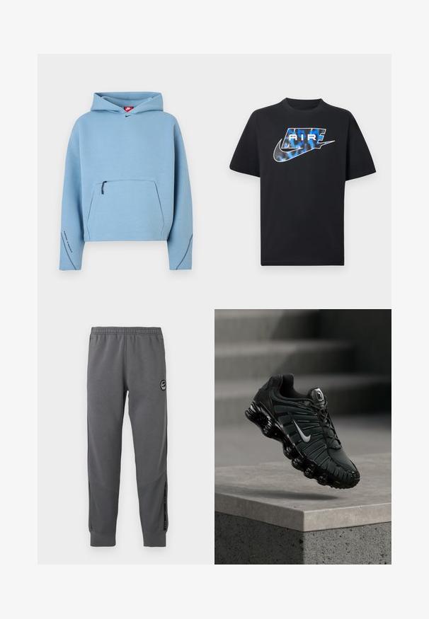 Lyseblå hættetrøje med snøre i hætten, lynlåslomme foran og kontrastfuld mørk syning langs ærmerne. Stoffet virker blødt og glat.; Sort t-shirt med korte ærmer med blå og hvide stiliserede "AIR"-bogstaver og Nike swoosh-logo på brystet.; Grå sweatpants lavet af blødt stof med elastisk talje, tætsiddende ben, sidelommer og en cirkulær logo-patch.; Sort og mørkegrå Nike løbesko med hvid swoosh-logo, svævende over en betonafdækning med trapper i baggrunden.