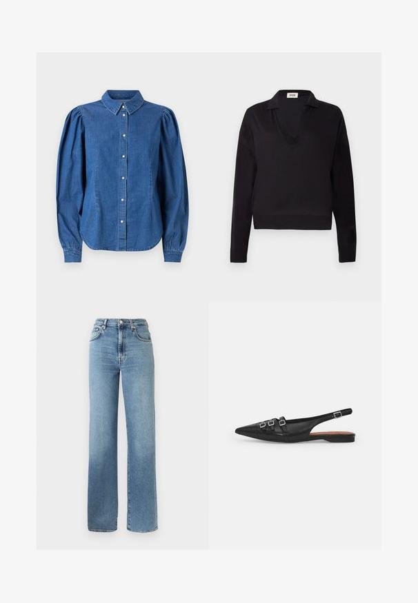 Sort langærmet sweater med dyb V-hals og ribbede manchetter og kant, vist på en ensfarvet hvid baggrund.; Denimskjorte i lyseblå farve, med knaplukning foran og skræddersyet krave. Har pufærmer og en buet kant.; Lyseblå denimjeans med høj talje, vide ben, fem lommer og klassisk knaplukning. Glat tekstur med subtilt falmet udseende.; Sort læderslyngeflad sko med spids tå, der har to vandrette stropper og firkantede sølvspænder, lav hæl og glat tekstur.