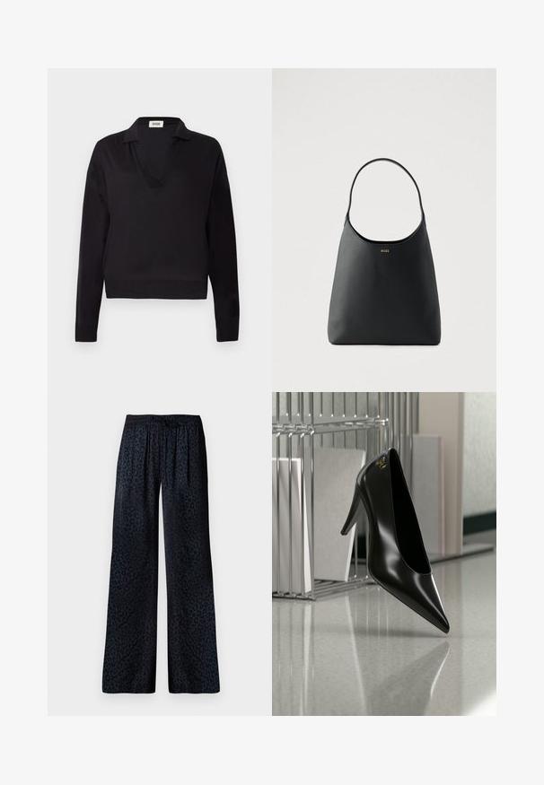 Suéter negro de manga larga con cuello en V profundo y puños y dobladillo acanalados, presentado sobre un fondo blanco liso.; Pantalones de pierna ancha en tejido oscuro con un sutil estampado de leopardo negro, cinturilla elástica y un drapeado cómodo.; Zapato de tacón alto negro con punta afilada y logo dorado, colocado sobre una superficie reflectante cerca de un organizador de archivos de alambre cromado con documentos.; Bolso de mano de cuero negro con un asa curva única, textura suave y un logo sutil en la parte frontal. Diseño minimalista e interior espacioso.