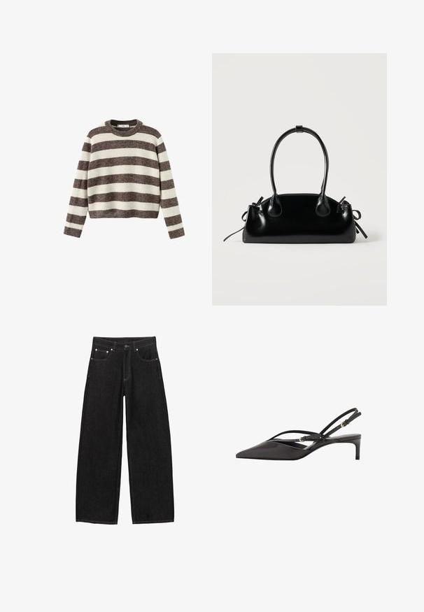 Stripet pullover sweater i creme og mørkebrun. Ribstrikket rund hals, lange ærmer og en kortet kant. Blød tekstur med en afslappet pasform.; Sorte jeans med højt liv og brede ben, lukkes med knapper foran, har fem lommer og synlige hvide syninger langs sømmene.; Sort læder slingback pumpe med spids tå, slanke ankelremme og lav stilettohæl. Glat tekstur med minimalistisk design.; Lille sort blank håndtaske med to lange håndtag og snøre-detaljer i siden på en ensfarvet lys baggrund.