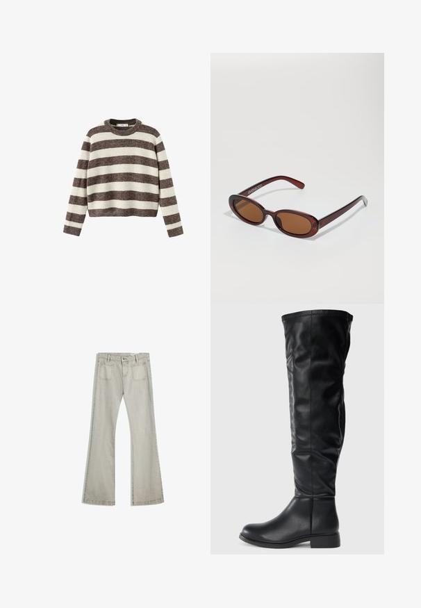 Gestreepte trui in crème en donkerbruin. Geribbelde ronde hals, lange mouwen en een cropped zoom. Zachte textuur met een ontspannen pasvorm.; Uitlopende spijkerbroek in lichtgrijs denim, met een knoopsluiting, vijf zakken en subtiele stikdetails langs de naden.; Zwarte kniehoge laarzen van glad leer, met een ronde neus, een lage blokhak en een iets slappe schacht met stikseldetails.; Ronde, bruin getinte zonnebril met een glanzend bordeauxrood frame. Slanke pootjes met subtiele merkdetails. Vlakke lensontwerp.