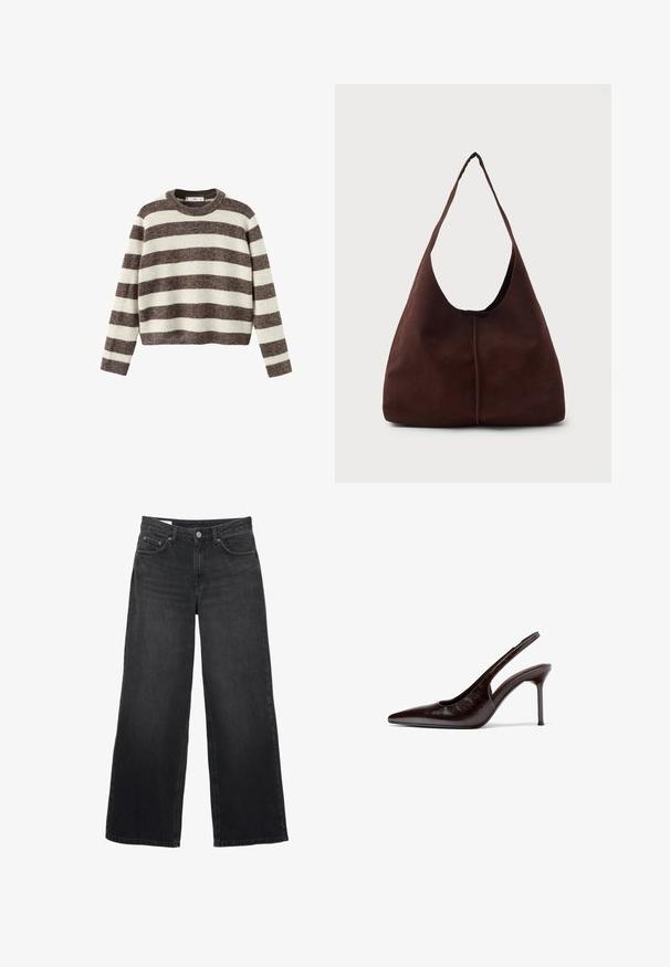 Gestreepte trui in crème en donkerbruin. Geribbelde ronde hals, lange mouwen en een cropped zoom. Zachte textuur met een ontspannen pasvorm.; Zwarte jeans met brede pijpen, hoge taille, sluiting met knopen en rits aan de voorkant, riemlussen en een ontwerp met vijf zakken.; Donkerbruine leren slingback damesschoen met hoge hak, puntige neus en slanke stilettohak op witte achtergrond.; Bruine suède hobo tas met een grote, gebogen opening en een brede schouderband. Heeft een centrale naad aan de voorkant. Glad van structuur.