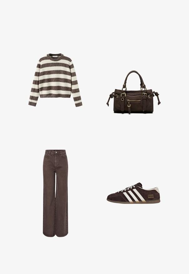 Stripet pullover sweater i creme og mørkebrun. Ribstrikket rund hals, lange ærmer og en kortet kant. Blød tekstur med en afslappet pasform.; Brune jeans med vide ben lavet af denim, med høj talje, forlommer og knaplukning. Glat tekstur med sømdetaljer.; Brune ruskindssneakers med tre hvide striber, gummisål og tekstlabel med ordene "Gazelle" i guld. Snørebåndsdesign med grå snørebånd.; Mørkebrun læderhåndtaske med dobbelte håndtag, forreste lynlåslomme, dekorative spænder og sideknuder på hvid baggrund.