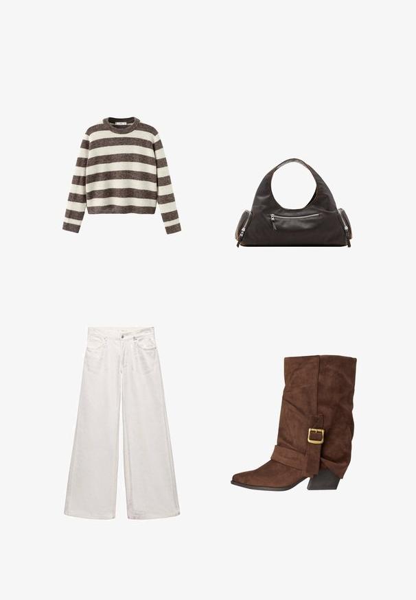 Gestreepte trui in crème en donkerbruin. Geribbelde ronde hals, lange mouwen en een cropped zoom. Zachte textuur met een ontspannen pasvorm.; Wijd been jeans van witte denim, met een hoge taille, twee voorzakken en een ritssluiting, met subtiele stikdetails.; Bruine suède laars tot halverwege de kuit met een losse schacht, een decoratieve riem met een messing gesp, puntige neus en een schuine lage blokhak.; Zwarte leren handtas met een afgeronde bovenkant handvat, twee zijvakken met ritsen en een gladde textuur. Licht slappe vormgeving.