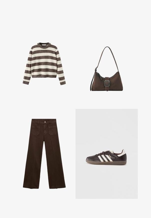 Gestreepte trui in crème en donkerbruin. Geribbelde ronde hals, lange mouwen en een cropped zoom. Zachte textuur met een ontspannen pasvorm.; Bruine wijde jeans van denim, met een hoge taille, twee achterzakken en een voor knoopsluiting. Gladde textuur, rechte pasvorm.; Donkerbruine leren sneakers met een wit drie-strepen ontwerp, een rubberen zool en "Samba" in gouden letters aan de zijkant. Klassieke lage schoenvorm.; Kleine bruine schoudertas met een zilveren gesp en ritssluiting, met een enkele schouderriem om te dragen.