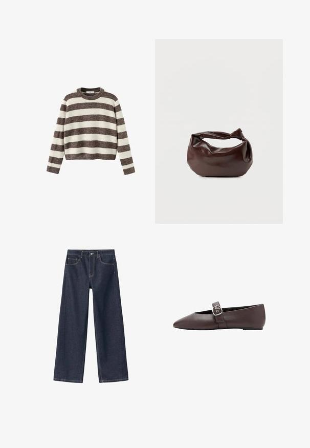 Gestreepte trui in crème en donkerbruin. Geribbelde ronde hals, lange mouwen en een cropped zoom. Zachte textuur met een ontspannen pasvorm.; Donkerblauwe denim wijde pijpen met een hoge taille, zichtbare stiksels, twee voorzakken en een knoopsluiting bij de tailleband.; Bruine platte schoen met puntige neus, een zilveren gespsluiting over de wreef, gladde leren textuur en een lage hak.; Donkerbruine leren schoudertas met een zachte, slungelige vorm en een gedraaide knoopvormige handgreep op een effen witte achtergrond.